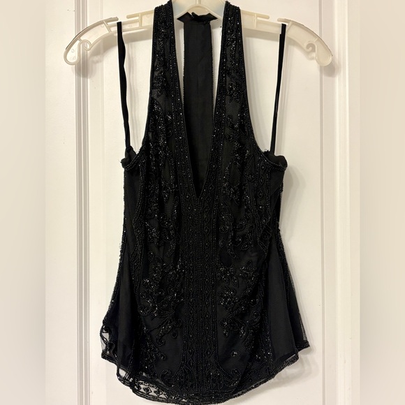 Polo Ralph Lauren Elegant Black Lace Beaded V Neck Women's Top